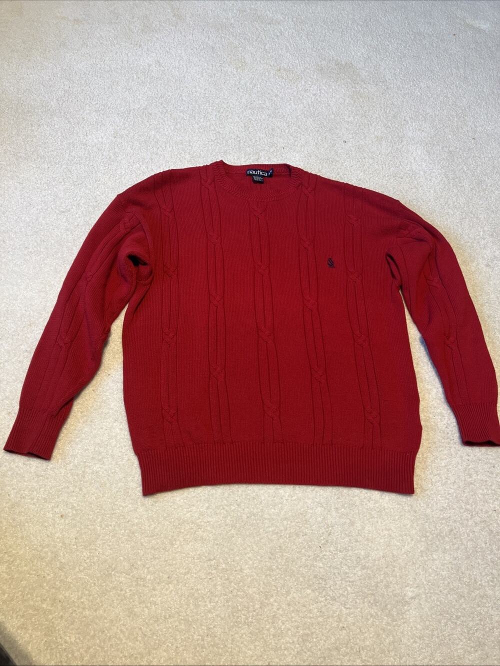 Vintage 90s Nautica Sweater Mens XL Red Cable Knit Embroidery Pullover Shirt